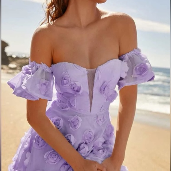 Luxe Lilac purple off shoulder Applique party formal evening wedding dress - Picture 4 of 5